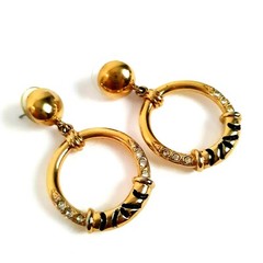 Vintage Jackie Collins Dangle Hoop Earrings Rhinestones Enamel Gold Tone