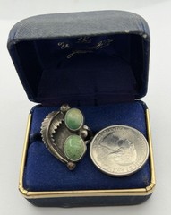 Vintage MCM Old Pawn Southwest Greenish Turquoise Stones Sterling Ring Size 8.5