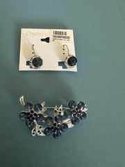 Crystal C Blue Crystal Drop Earrings & Flower Brooch Pin Set Silver Tone