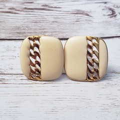 Vintage Clip On Earrings – Rounded Square Shape Cream & Gold Tone 7/8″