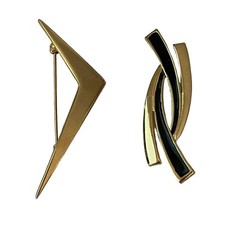 Monet Signed Modernist Lot Of 2 Brooches Pins Gold Tone Black Enamel