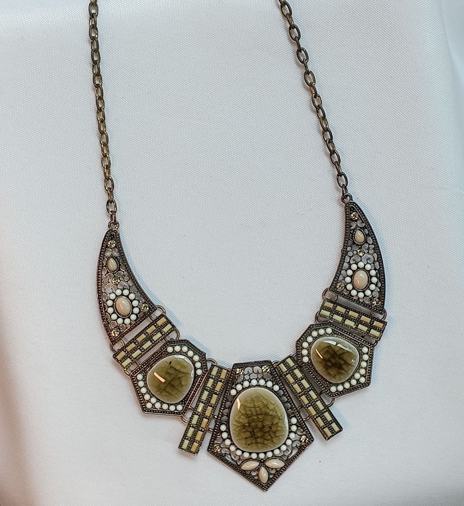 Vintage Boho Statement Bib Necklace, Olive Cabochons, Ivory Beading