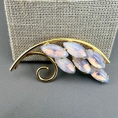 Vintage Opalite Glass Brooch Gold Tone Leaf Branch