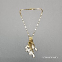 Vintage Clear Rhinestones and Faux Pearls Dangle Tassel Necklace & Bracelet Set