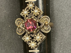 Vintage Sarah Coventry Faux Amethyst Pearl Filigree Cluster Ring Gold Tone S-7