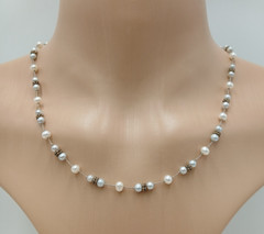925 Freshwater Pearl Necklace 17in Sterling Silver Hand Knotted Spacers Station