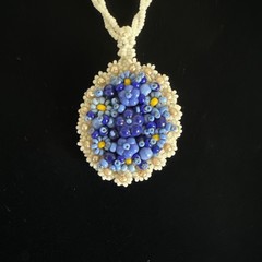 Vintage Hand Beaded Floral Cluster Pendant Necklace Blue & White Glass Seed Bead
