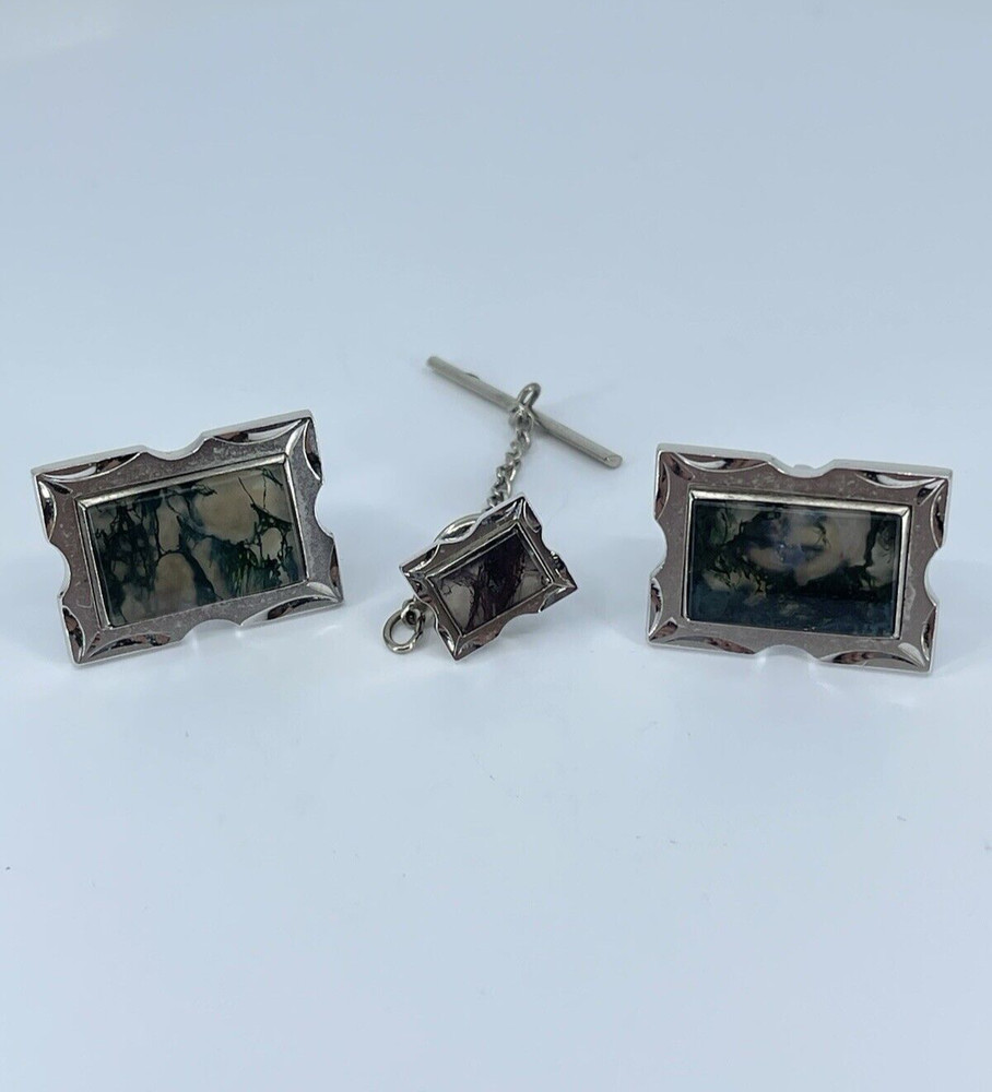 Swank Cufflink and Tie Tack set Jadeite rectangle silver tone 3/4″