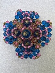 VTG Ruffled Wired Crystal & Brass Filigree Maltese Cross Brooch Vendome Style
