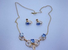Vintage MCM Van Dell Gold Filled Blue Rectangle Crystal Necklace & Earrings Set