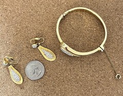Hattie Carnegie Gold Tone Pave Rhinestone Hinged Bracelet + Clip On Earrings VTG