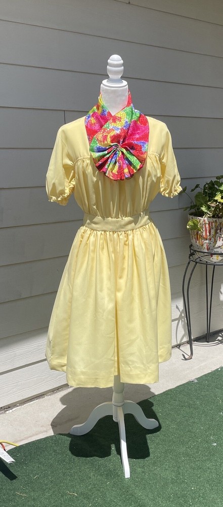 Vtg Home Sewn From Pattern 70s 80s Pleated Fit & Flare Dress Size M L Yellow