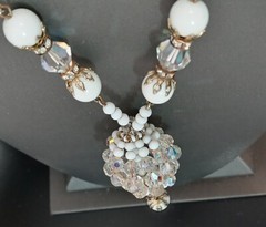 Vintage Milk Glass Acrylic Aurora Borealis Beaded Necklace Unique Pendant *As Is