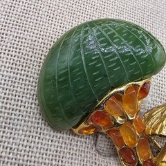 Vintage Swoboda Jade Mushroom Brooch Gold-tone Orange Cabachons 1.5 Inches