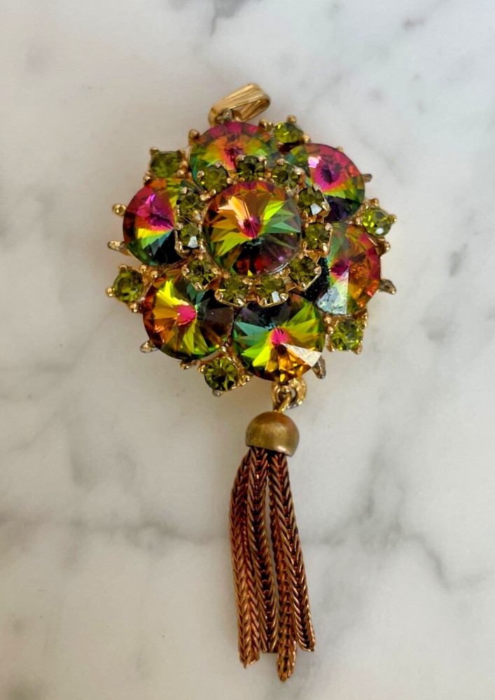 Edlee- Vintage Rhinestone Watermelon Helitrope Necklace Pendant-Signed- G79