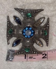 Vintage FLORENZA pendant brooch MALTESE CROSS IRON unknown gemstone medieval