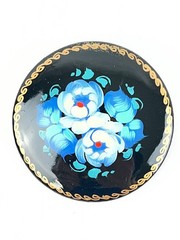 Vintage Wood Hand Paint Russian Lacquer Blue Green Floral Flower 2″ Brooch Pin