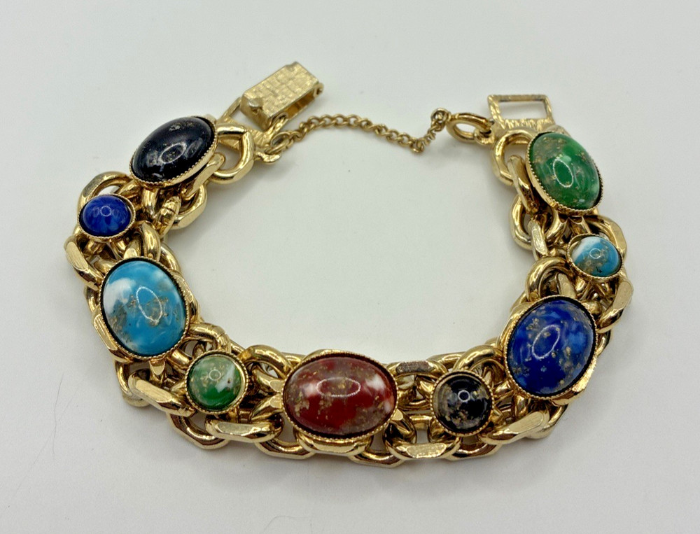 Vintage Bracelet Chunky Gold Tone Multi Color Cabochon Curb Link Safety Chain