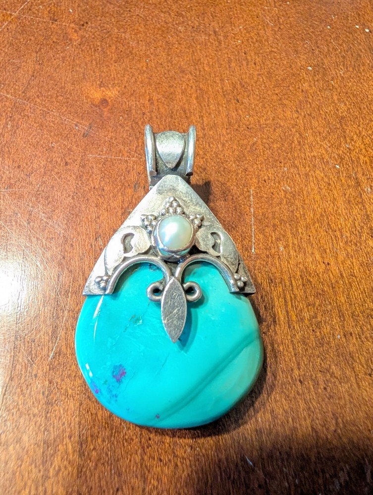 Vintage Sterling Silver Turquoise Pearl Pendant