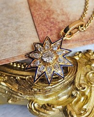 Antique Victorian GIA 19K Gold 1.21ctw Old Mine Diamond Blue Enamel Star Pendant