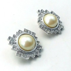 Vintage Silver Tone Monet Pearl Channel Set Rhinestone Clip On Earrings