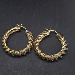 JTV 14K Gold Plated Brass Hoop Earrings Diamon Chip Accents