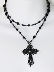 BEN-AMUN Signed AB Crystals Gun Metal Cross Pendant Necklace Choker 14.5″