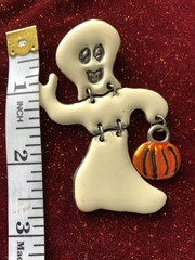 Vintage 1980s Halloween Ghost w/Jack O Lantern Brooch Enamel Pin 2.75” X 2”
