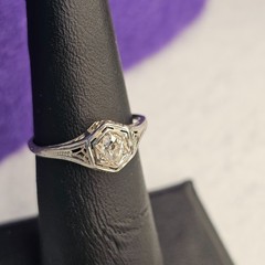 Antique Belais 18K White Gold Art Deco Ring Elongated Old Mine Cut Diamond