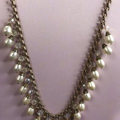 Vintage Art Deco Brass Glass Dangler Faux Pearl Statement Necklace