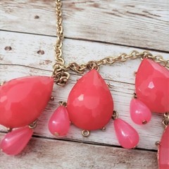 Vintage Necklace Long Statement Pink & Gold Tone