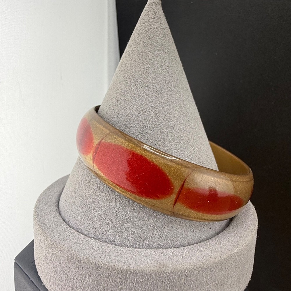 Vintage Bangle Bracelet Red Enamel Brass Tone 8.5”