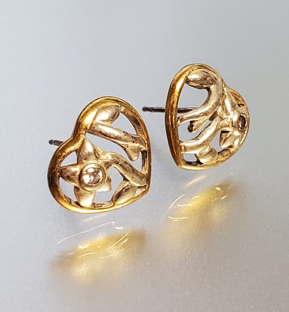 VTG 925 Open Heart Earrings 0.5in Sterling Silver 2g Vermeil Two Tone CZ Sparkle