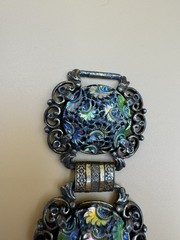 Vtg Judy Lee Peacock Carnival Art Glass Panel Bracelet Renaissance Revival