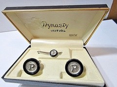 ORIENTAL MING DYNASTY MATCHING TIE TACK INITIAL P CUFFLINKS VINTAGE SWANK MEN’S