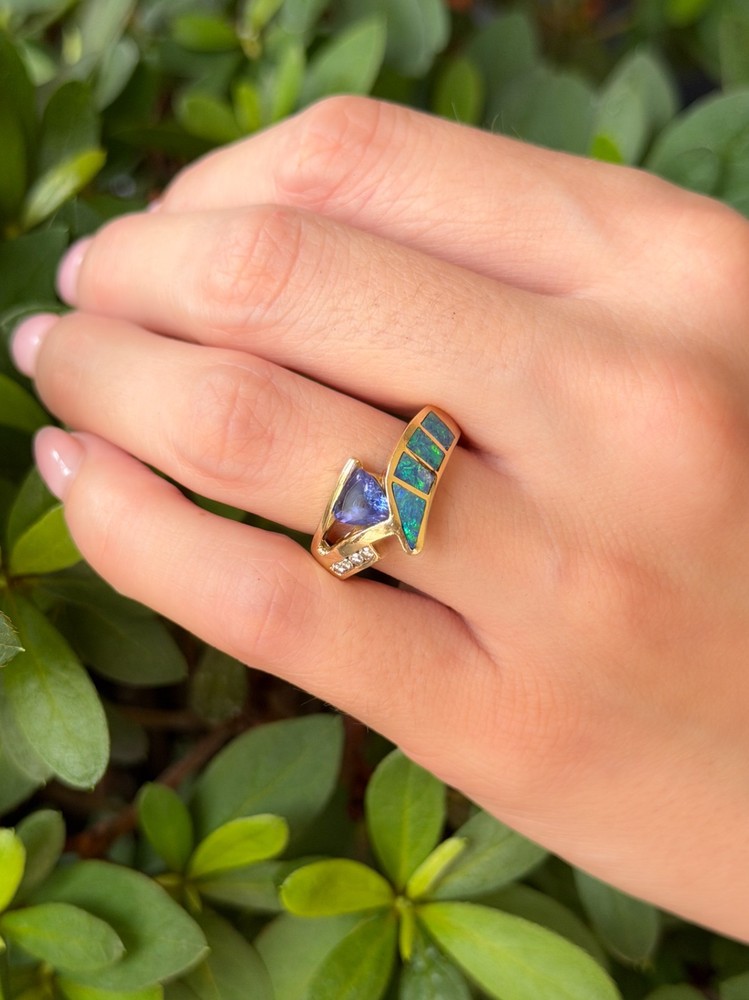 14k Tanzanite Opal Inlay Diamond Cocktail Ring Yellow Gold Natural Size 7 RG5195
