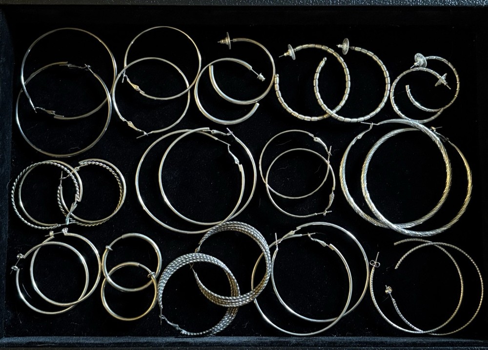 14 Pairs Assorted Vintage Hoop Earrings Various Sizes And Styles Silver Tone