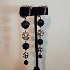 Vintage Signed Les Bernard Rhinestone & Faceted Black Dangle Ball Earrings 4″