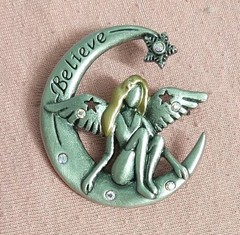 Believe Fairy Angel Moon Star Sparkle Crystal Signed DD Patricia Dash Brooch Pin