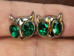Vintage Coro Green Glass & Enamel Duette Owl Pin With Earrings