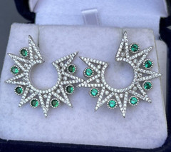 Vtg Sterling Star Point Statement Earrings, Emerald Green & Clear CZ Settings