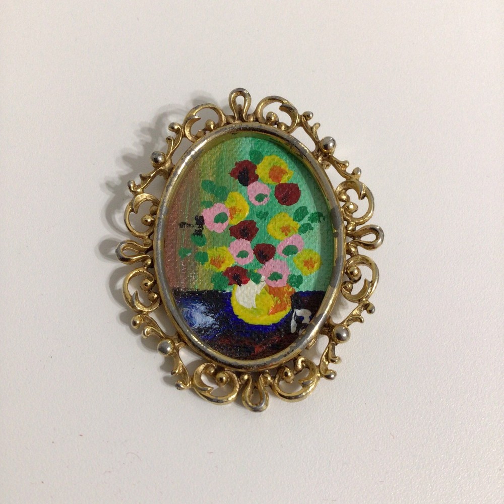 Vintage Brooch Pin Original Oil Painting on Canvas Floral