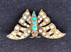 C1910 1920s Antique 15k / 15ct Gold Seed Pearl & Turquoise Butterfly Brooch Pin