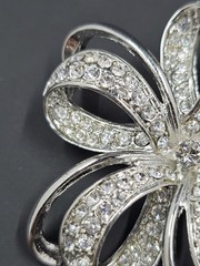 Vintage Monet Silverton Rhinestone Flower Bow Ribbon Brooch, 2.25″ Diameter