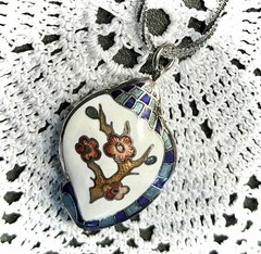 Vintage Cloisonné Cherry Blossom Necklace Gift Ready Pendant & Gold Plated Chain