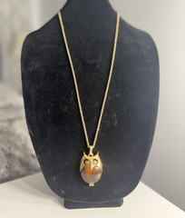 Vintage Crown Trifari Owl Pendant Necklace on 32” 1928 Gold Tone Chain