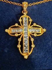 Simulated Ceylon Sapphire Cross Necklace Camrose and Kross Jacqueline Kennedy