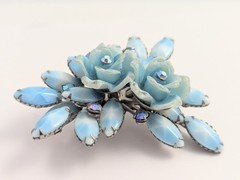 Vtg Sky Blue Glass Rhinestone AB Rose flower Lucite 3D Brooch Riveted