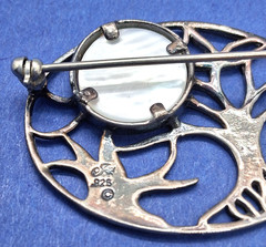 JEZLAINE Vintage Sterling Silver Winter Scene TREE & MOP Moon Open 1.35″ BROOCH