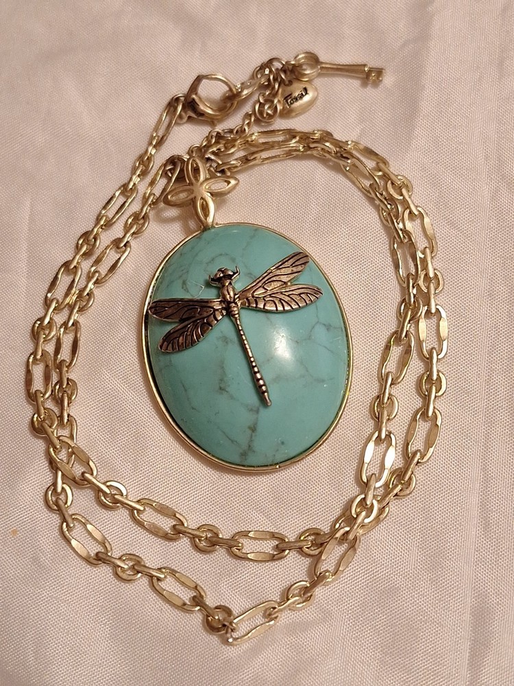 Vintage Fossil Brand Dragonfly Pendant Necklace Blue Stone Bohemian Charm Y2K